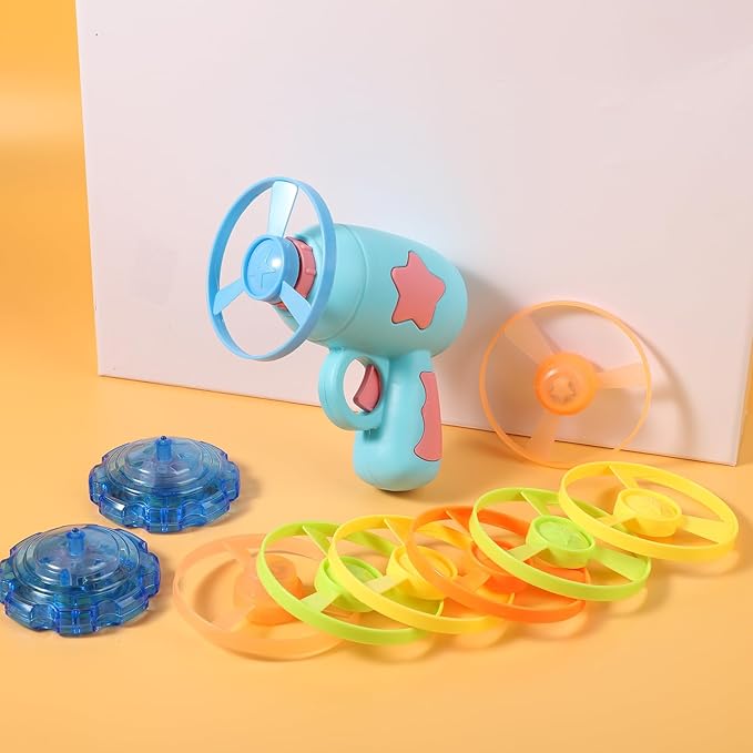 AIEX Flying Disc Launcher Cat Toy Launcher with 6pcs Flying Discs 2pcs Luminous Spinning Tops, Helicopter Cat Fetch Toy Dog/Cat Interactive Toys for Training, Chasing, Playing