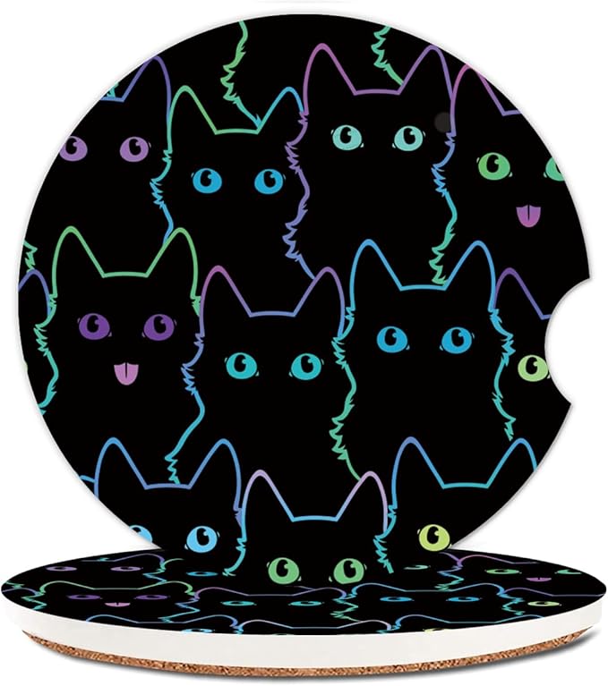 Absorbent Car Cupholder Coaster 2 Pack, Cute Car Coasters with a Finger Notch for Women & Men,2.56" Ceramic Stone & Non-Scratch Cork Base Drink Coasters, Cute Auto Accessories Gifts (Cute Cats)