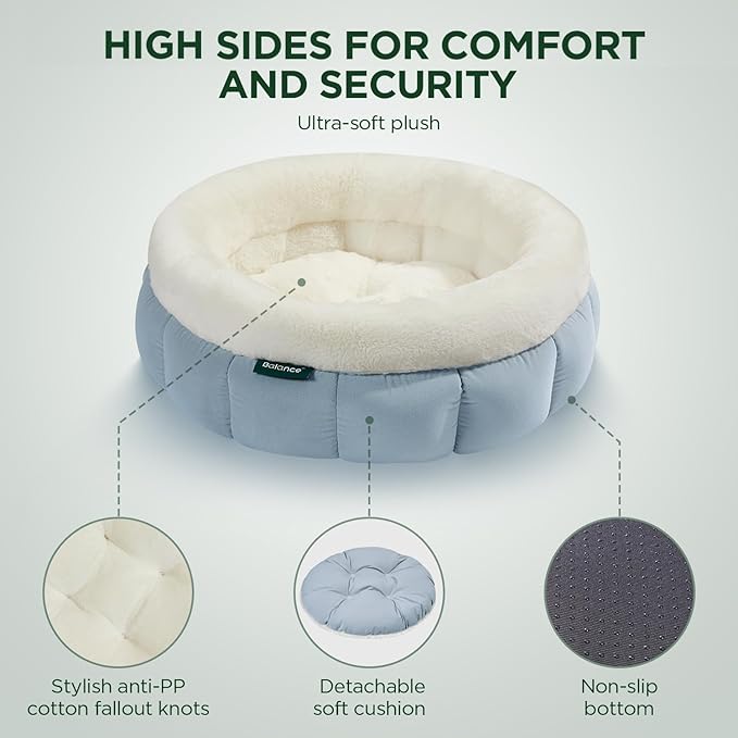 BALANCE Round Cat Beds for Indoor Cats - Donut Dog Bed for Medium Dogs, Washable Medium Pet Bed, Round Fluffy Plush Faux Fur Cat Bed with Anti-Slip Bottom
