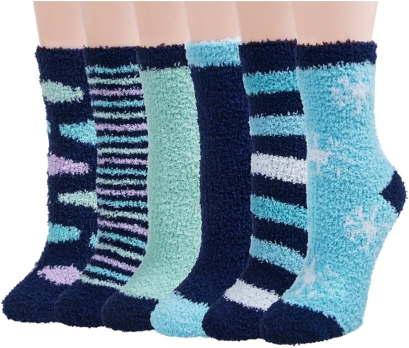 6 Pairs Womens Fuzzy Socks Winter Warm Soft Cozy Fluffy Microfiber House Sleeping Slipper Socks Christmas Gifts