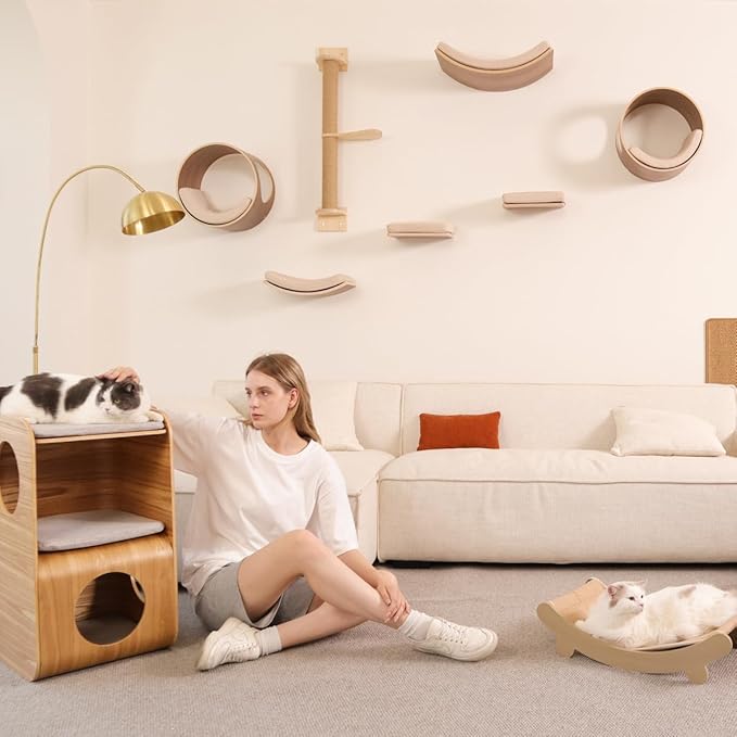Cat Shelves Wall Mounted Cat Step with Cushion Wooden Cat Climbing Shelf Cat Wall Furniture for Sleeping and Playing 11.8"x10.2", Support to 40 LBS(White Oak)