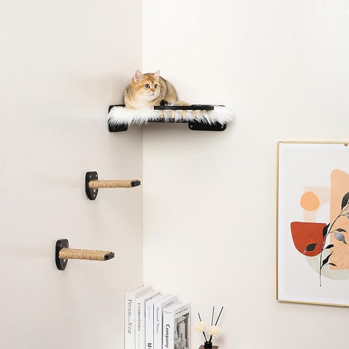 3 Pcs Cat Wall Steps, Cat Shelves and Perches for Wall, Wall-Mounted Cat Climbing Shelf with Hemp Rope Covered, Cat Wall Furniture Steps Set with Scratching Pads for Cats Playing and Climbing (Black)