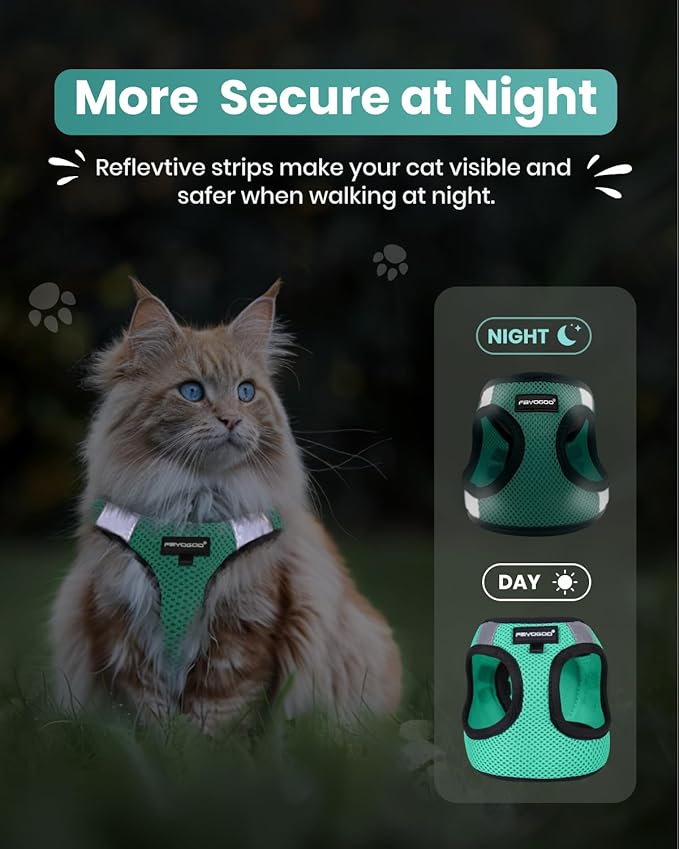 FAYOGOO Cat Harness and Leash Set for Walking Escape Proof, Kitten Harness and Leash Adjustable, Small Large Cat Walking Harness and Leash, Lightweight Soft Vest Harness and Leash (Large, Green)