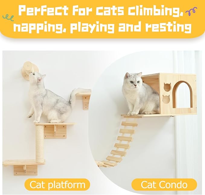 Cat Wall Shelves, Wall Mounted Cat Climbing Shelves, Wooden Cat Furniture with 2 Cat Condo Houses, 3 Cat Perches, 2 Bridge Ladders and 2 Scratching Posts