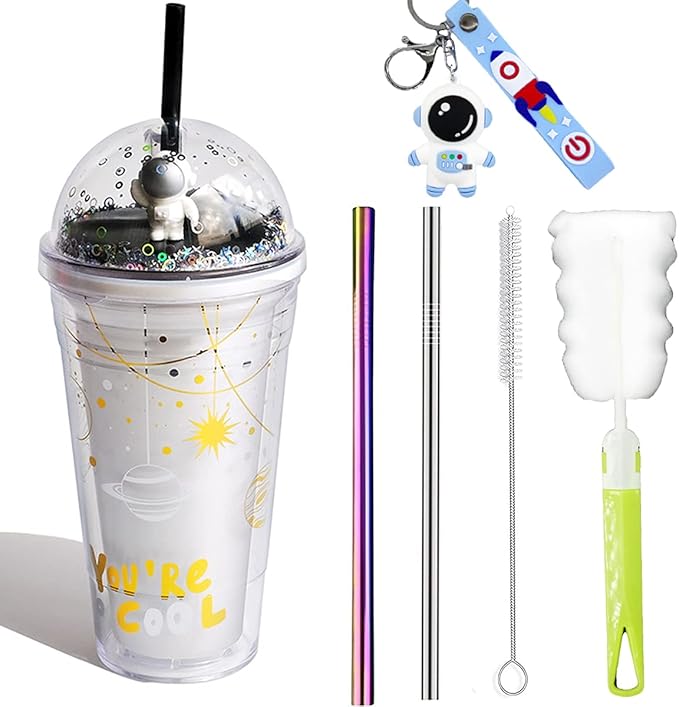 Astronaut Cup with Straw Ice Coffee Tumblers Party Cups Space Reusable Plastic Cup Birthday Day Gift(astronaut white, 480ml)