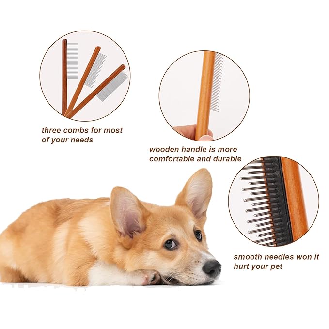 3pcs Grooming Comb for Pets, Solid Wooden Cat Combs with Wide & Narrow Rounded-Tip Teeth Pet Hair Comb Metal Flea Lice Tick Comb for Cats Dogs Rabbits Tangled Hair (3 Sizes）