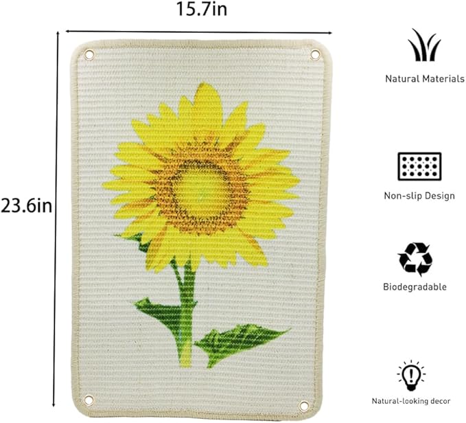 Cat Scratcher Mat, 23.6 X 15.7 Inch Natural Sisal Cat Scratch Mats Sunflower Pattern Cat Scratching Rug Wall Scratchers for Indoor Cats with Adhesive Hook Protect Carpets and Sofas（2Packs）
