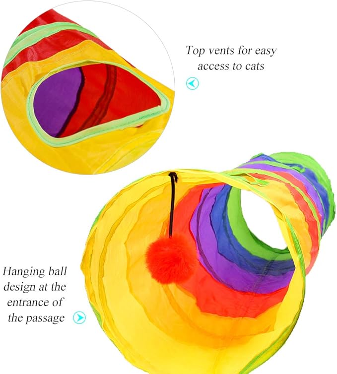 Andiker Cat Tunnel, Cat Tubes for Indoor Cats Collapsible Cat Play Toy for Puzzle Exercising Hiding Training and Running with a Red Fun Ball and 2 Holes (25&120cm) (Colorful)