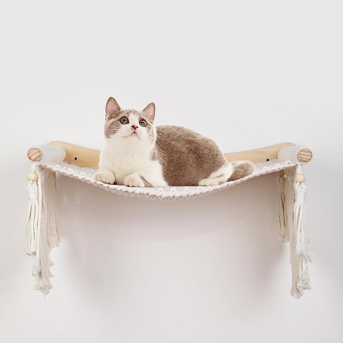 Cat Wall Shelves & Hammock - Comfy Cat Beds with Window Perch for Indoor Fun, Durable Wood & Macrame Cotton Ropes (21.6 * 11.8 Inches) for Sleeping & Climbing