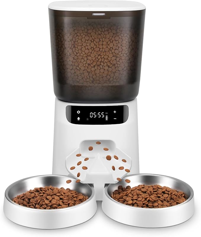 Automatic Cat Feeders for Two Cats, 5L/20 Cups Double Automatic Cat Food Dispenser with 2 Stainless Bowls, Timer Setting 20 Portions 6 Meals Per Day, 10s Meal Call, Pet Feeder for Cat