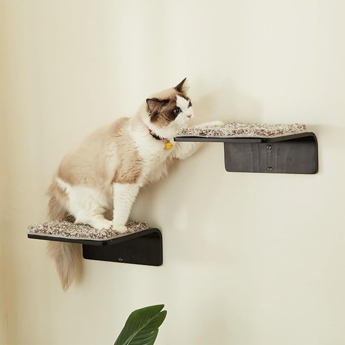 2 Set Cat Wall Steps - Wooden Cat Climbing Shelf for Wall - Cat Wall Stairs with Scratching Mat - Wall Mounted Cat Furniture for Jumping, Playing, and Lounging, Walnut