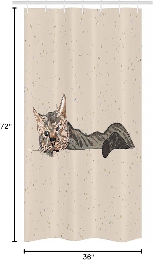Ambesonne Cat Stall Shower Curtain, Lazy Sleepy Cat in Earth Tones Furry Mascot Indoor Pet Art Illustration, Fabric Bathroom Decor Set with Hooks, 36" W x 72" L, Grey Beige