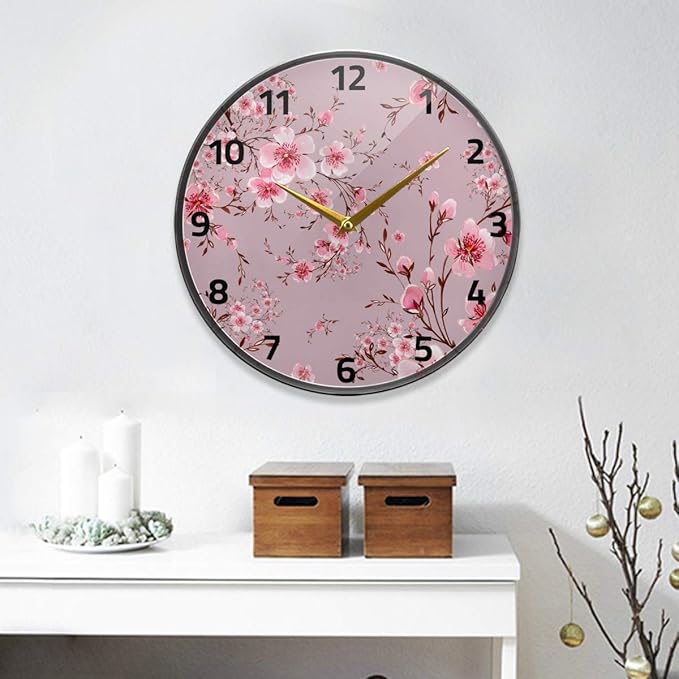 ALAZA Pink Floral Cherry Blossom Wall Clock Battery Operated Silent Non Ticking Clocks for Living Room Decor 12 Inch / 9.5 Inch