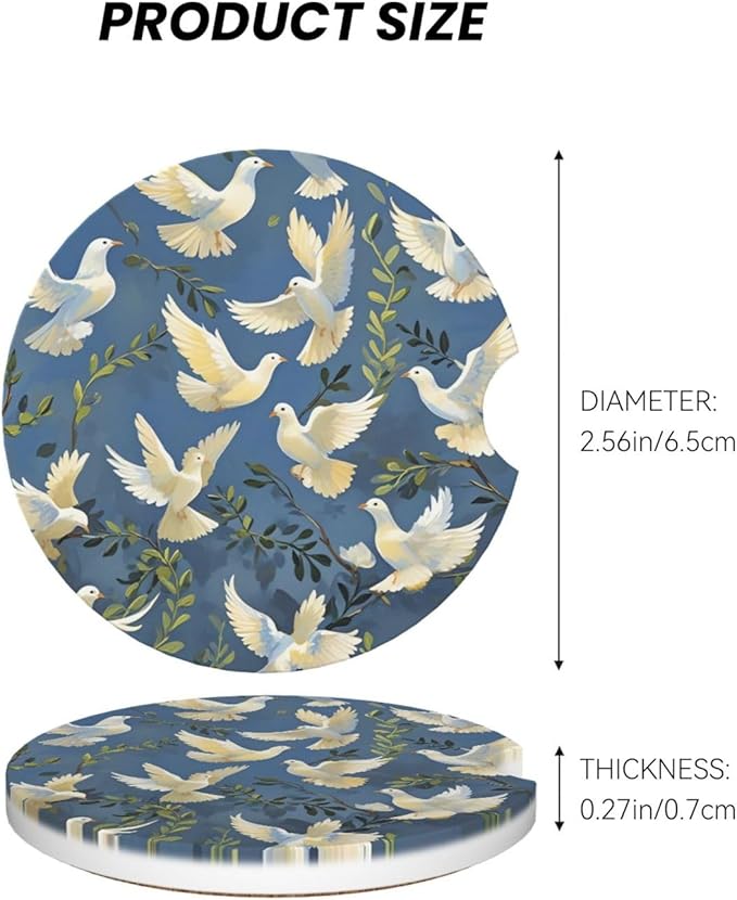 Absorbent Ceramic Car Coasters for Cup Holders, Pigeon Design 2.56" Anti Slip Universal Drink Cup Coasters for Women Men (2 Pack)