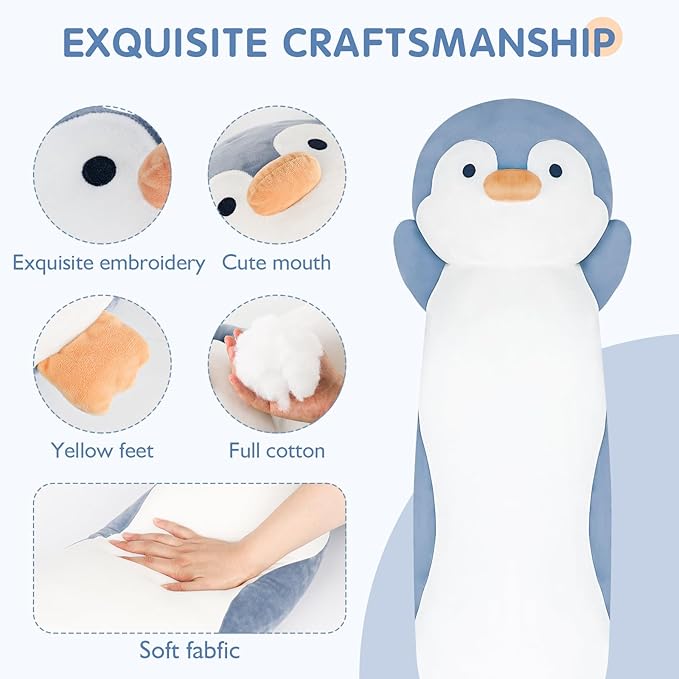 36" Penguin Stuffed Animal, Soft Jumbo Long Cuddle Pillow, Cute Blue Penguin Plush Body Pillow Plushies Toy Gift for Kids, Boy and Girls Birthday,Valentine