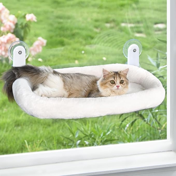 Cat Window Perch, Cordless Cat Hammock Window Seat with Cozy Pad Bed Cover for Indoor Cats, Durable Metal Frame Support Cat Bed with 4 Suction Cups for Large Cats (Cushion Pad Bed - White)