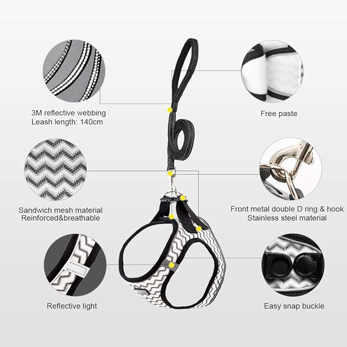 Soft Mesh Dog Harness and Leash Set, Step-in Reflective Breathable Comfort Padded Quick Dry Pet Puppy Vest Harness for Extra-Small/Small Medium Dogs and Cats (White, L)