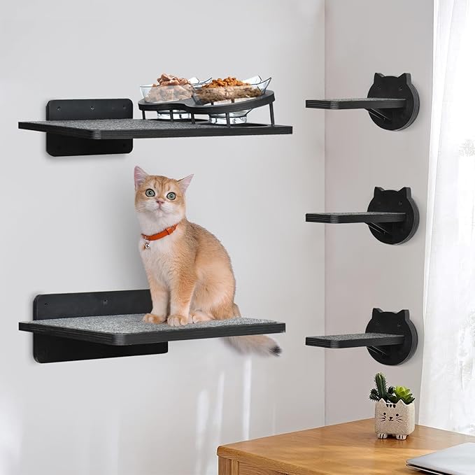 Cat Wall Shelves, Wood Cat Shelves for Wall with Cat Feeding Station, Cat Wall Furniture with 3 Cat Wall Steps, Cat Shelves and Perches, Wall Mounted Cat Climbing Shelf, Cat Lover Gift, 3 Board