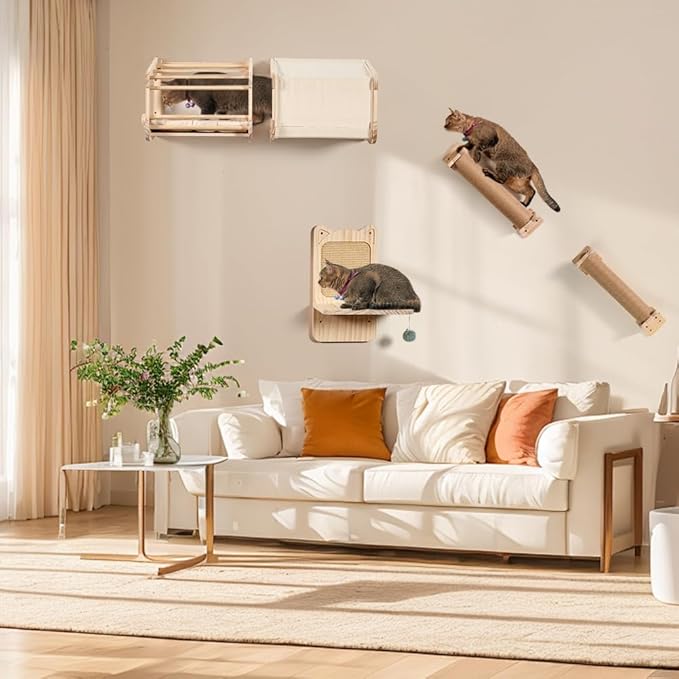 Cat Wall Shelves and Cat Wall Climber for Wall, Wooden Wall Mounted Cat Furniture, 5 Set ofCat Climbing Perches with Wall Steps, Scratching Posts, Scratching Perch, and Cat Tunnel
