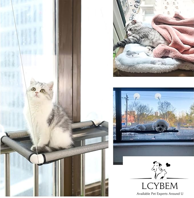 Lcybem Cat Window Perch - Cat Hammocks for Window with Plush Pad, Space Saving Cat Bed, Pet Resting Seat Safety Holds Two Large Cats, Providing All Around 360° Sunbathe for Indoor