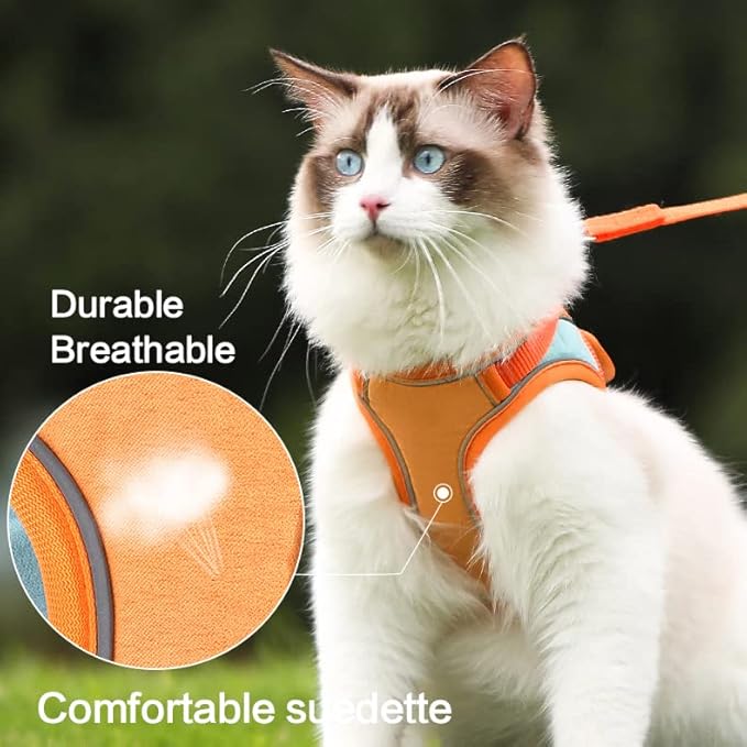 TOTORO Cat Harness and Leash for Walking Escape Proof ，Adjustable Comfortable Suedette Vest Harnesses for Cats，Reflective Strips Easy to Put on Step-in Velcro Jacket (L, Blue)
