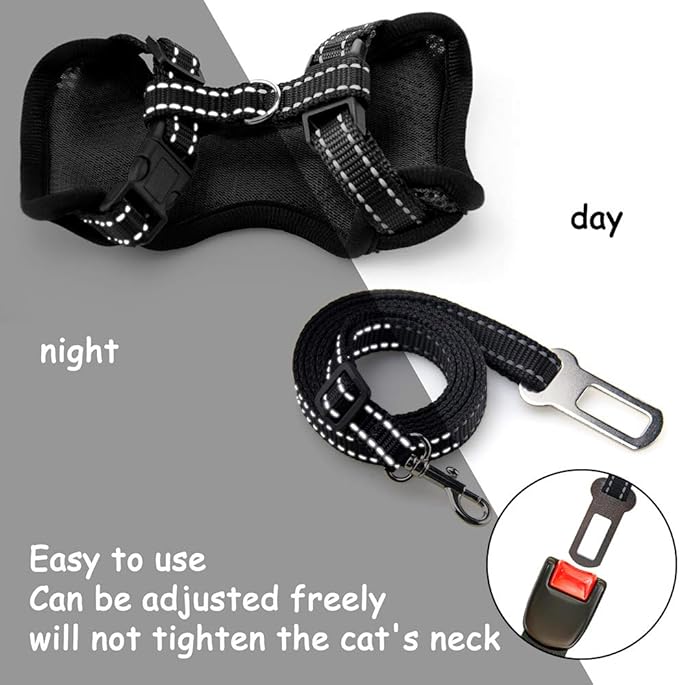 Reflective Kitten Harness and Leash Escape Proof with Car Seat Belt, Adjustable Cat Puppy Walking Jacket with Metal Leash Ring, Soft Breathable Small Pet Vest (M)