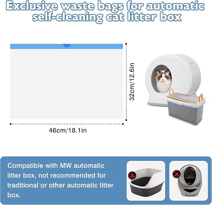 100 Count Self-Cleaning Cat Litter Box Liners Compatible With MW-SC01/MW-SC02/MW-LR01 Automatic Cat Litter Box, Drawstring Heavy Duty Cat Litter Receptacles Bags Replacement Trash Bag -18" x 12.6"