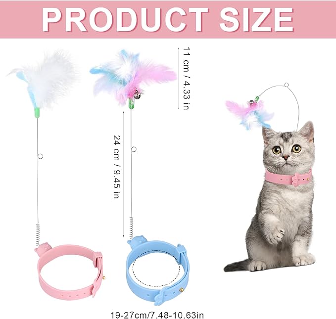 2pcs Cat Collar Toys, Silicone Feather Cat Teasing Wands with Neck Collar Adjustable Cat Wand Toys with Bell Cat Interactive Teaser Toys for Indoor Cat Playing Training
