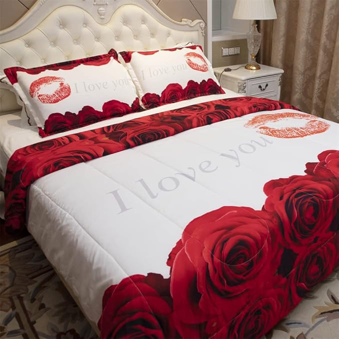 3D Comforter Set Twin - Red and White Rose Print Comforter Set Twin Size Floral Room Decor Bedding Set Aldult Quilt with 2 Pillowcases for All Seasons
