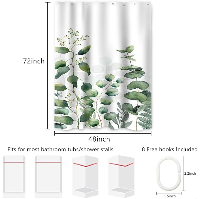 AWERT Small Half Size Stall Shower Curtain with 6 Hooks Shower Stall Curtain 48 x 72 Plant Sage Green Leaves 36 inch Shower Curtain for Bathroom/RV and Camper (Green Leaves)