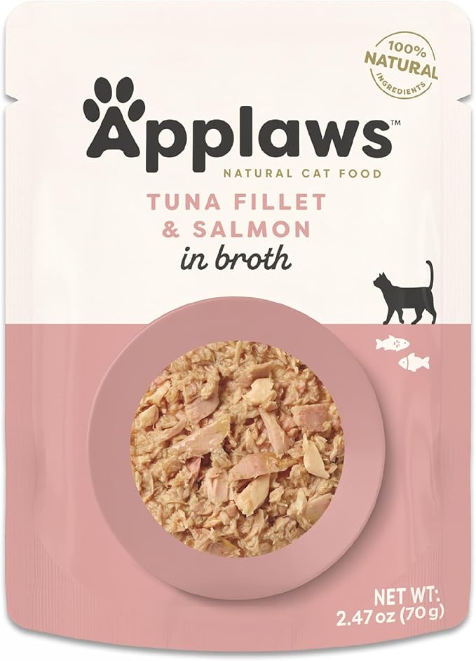 Applaws Natural Wet Cat Food in Broth, Limited Ingredient Wet Cat Food Pouches, No Additives, Made with Natural Ingredients, Tuna with Salmon in Broth (12 x 2.47oz Pouches)
