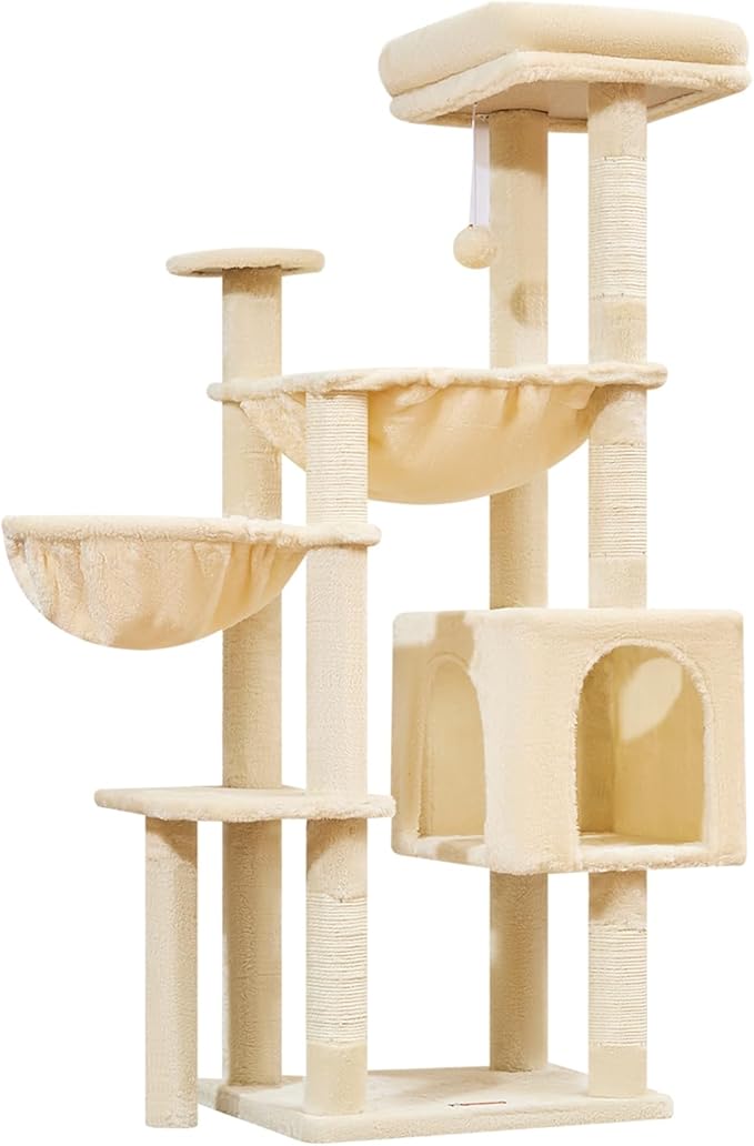 Taoqimiao Cat Tree, 51-Inch Cat Tower for Kittens, Cat Tree Tower with 5 Scratching Posts, Plush Cat Condo with Plush Perch, 2 Hammock, Pompoms, Beige MS019XL-M
