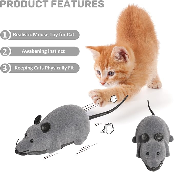 Auto Moving Mouse Cat Toy, Interactive Cat Toys Wireless Electronic Fake Mouse Rat Pet Toy Running Wheel Plush Rat Chasing Prank Toy for Cats Dogs Kids Novelty Gift By Greatstar (Grey, No Controller)