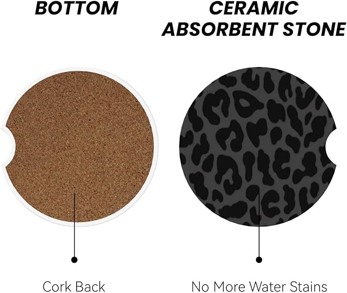 Absorbent Ceramic Car Coasters for Cup Holders, Black Leopard Cheetah Print Design 2.56" Anti Slip Universal Drink Cup Coasters for Women Men (2 Pack)