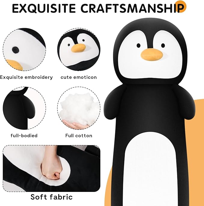 22' Long Penguins Plush Body Pillow, Cute Black Penguin Stuffed Animal for Kids, Girls, Boys, Birthdays & Easter