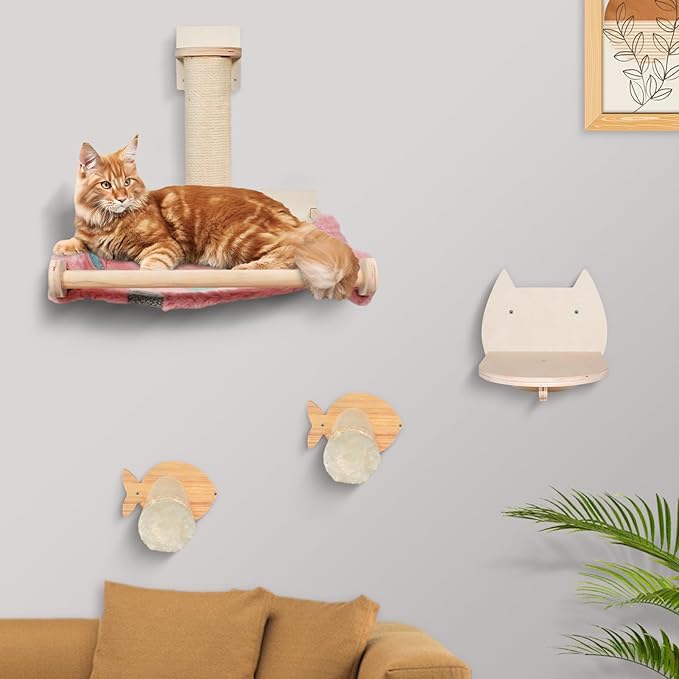 TONY HOBY Cat Wall Shelves, Cat Scratching Post, Wall Cat Hammock, Cat Wall Steps Indoor Playground (4 Pcs)