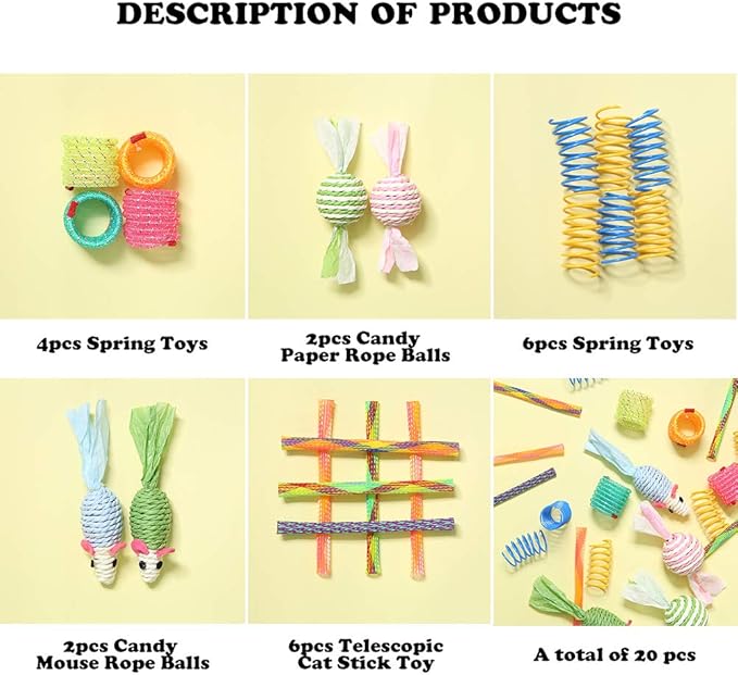 20Pcs Colorful Cat Spiral Spring, Cat Spring Toys Kittens Telescopic Plastic Coils Paper Mouse Paper Ball with Bell Spring Tube Toys for Keep Fit Interactive