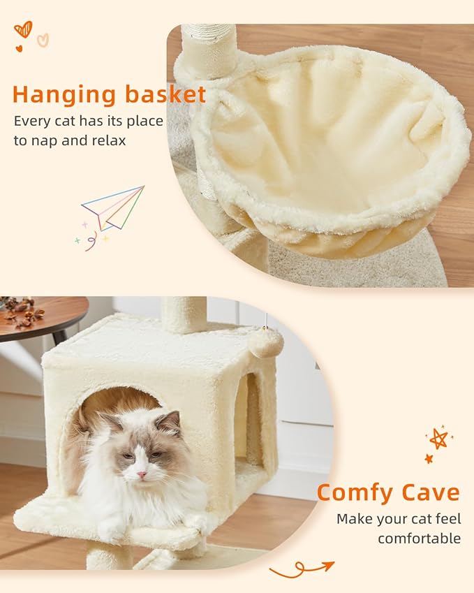 Taoqimiao Cat Tree,37.8-Inch Cat Tower for Indoor Cats,2 Luxurious cat condo with Adjustable Large Hanging Baskets and Large Luxurious Perch Beige MS029M