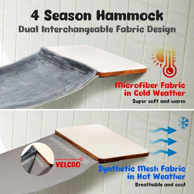 Cat Wall Hammock with Dual Fabric Design – Sturdy Wall Mounted Cat Bed for Large Cats, Cat Bridge, and Cat Wall Perch with Metal Frame and Wooden Shelf for Cozy Rest- MK2026A