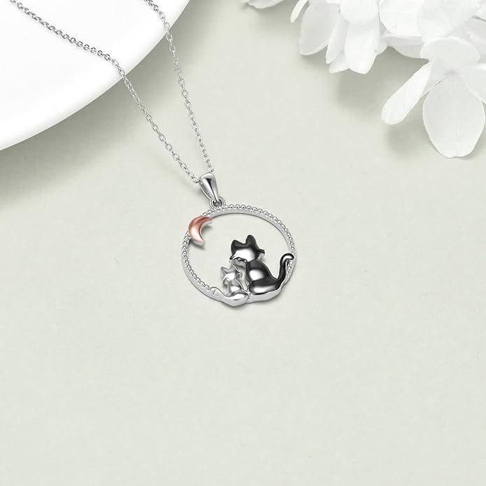 AXELUNA Black Cat Necklace 925 Sterling Silver Kitten Pendant Circle Crystal Necklace Cat Jewelry Gifts for Women Girls Girlfriend Animal Lovers
