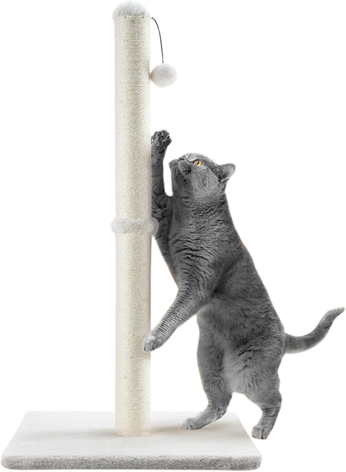 Dimaka 34" Tall Cat Scratching Post for Large Cats and Kittens, High Vertical Scratcher with Premium Natural Sisal Rope and Interactive Hanging Ball for Indoor Cats(Beige, 34 inches)