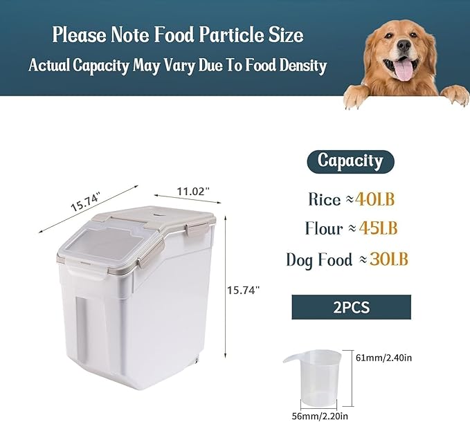 AnRui 2Pcs Airtight Flour Storage Containers 45LB, Large Rice Storage Container, Plastic Cereal Grain Dispenser Organizer Pet Dog Cat Food Storage Bin with Lid, with Measuring Cup, Scoop, Gray