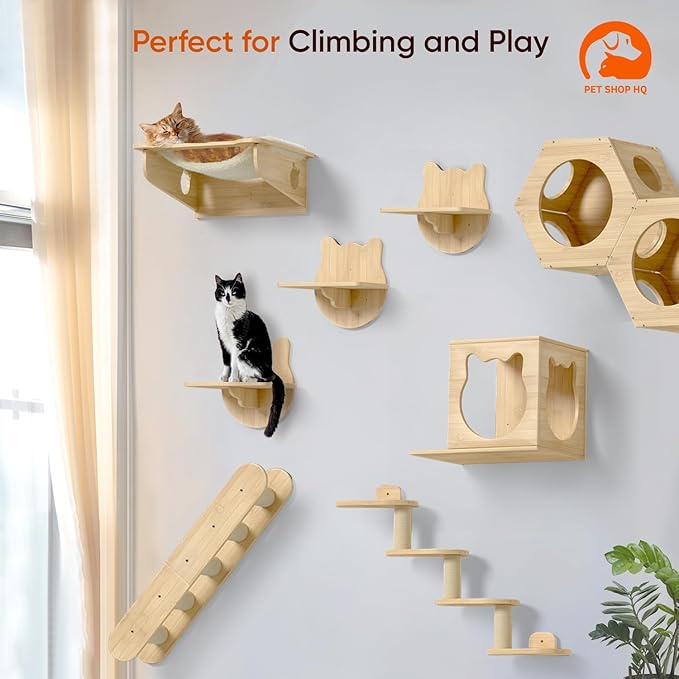 Cat Wall Shelves Furniture for Climbing - Cat House Wall Mounted - Indoor Wooden Floating Cat Furniture - Different Models Including Shelves, Perches, Hammock, Bed, Bridges, Walkways