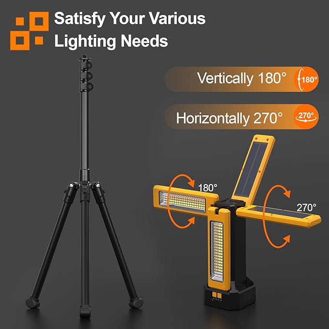 13200mAh Rechargeable Solar Work Light with Folding Stand Support and Portable Carrying Bag, 8000 Lumen Stepless Dimmable, 4 Lighting Modes, White/Warm/Warm White (Remote)
