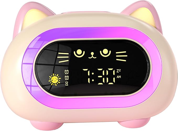Alarm Clock for Kids, Sleep Training Clock for Girls With Dual Alarm, Eye Protection, Auto Off Timer, 10 Color Night Light, Cat Ok to Wake Clock