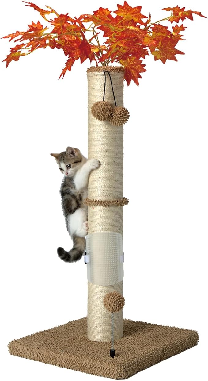 MECOOL Cat Scartching Post，35-inch Heavy Duty and Thicker Large Scartching Posts for Indoor Cats,Natural Sisal Rope and Hanging Ball Toy, Self-Grooming Brush,Beige