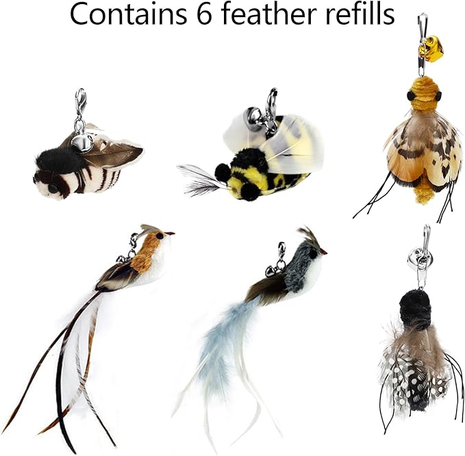 8 Pieces Cat Feather Toys Interactive Cat Wand Toys with 6 Feather Refills and 2 Flexible Steel Wires Wand Kitten Toys for Indoor Cats to Play Chase Exercise