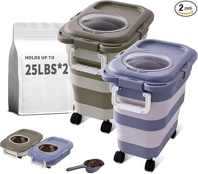 25 Lbs Dog Food Storage Container 2PCS, Collapsible Dog Food Container with Scoop for Pet/Dog/Cat/Bird Food,Keep Dry Food Fresh,Easy to Move(Blue & Khaki)