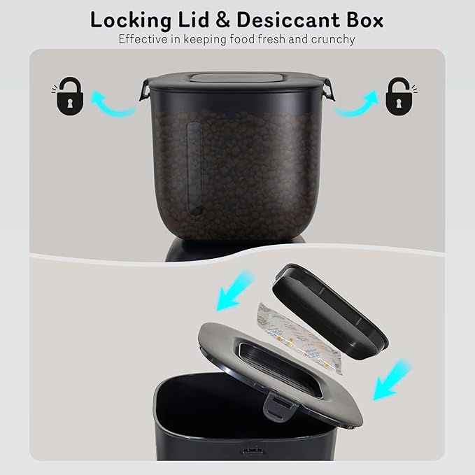 Automatic Cat Feeder and Cat Water Dispenser FW1, Wire or Battery Cat Food Dispenser Timer Pet Feeder - Locking Lid, Desiccant Bag, Programmable Portion Control, 4 Daily Meals, 10s Voice Recorder