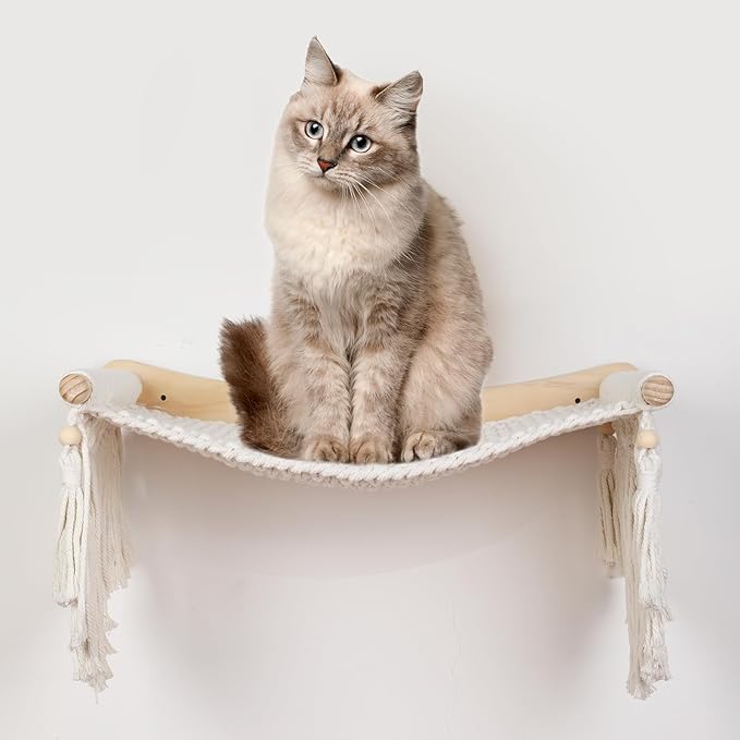 Cat Wall Shelves & Hammock - Comfy Cat Beds with Window Perch for Indoor Fun, Durable Wood & Macrame Cotton Ropes (21.6 * 11.8 Inches) for Sleeping & Climbing
